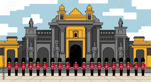 Tableau sur toile Illustration of the palatial gateway with guards in red uniforms