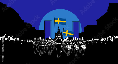 A stylized depiction of a swedish military parade with national flags