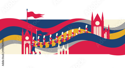 A stylized illustration of marching soldiers before a castle cityscape
