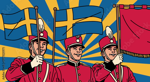 Swedish soldiers with flags in a vibrant illustrative style