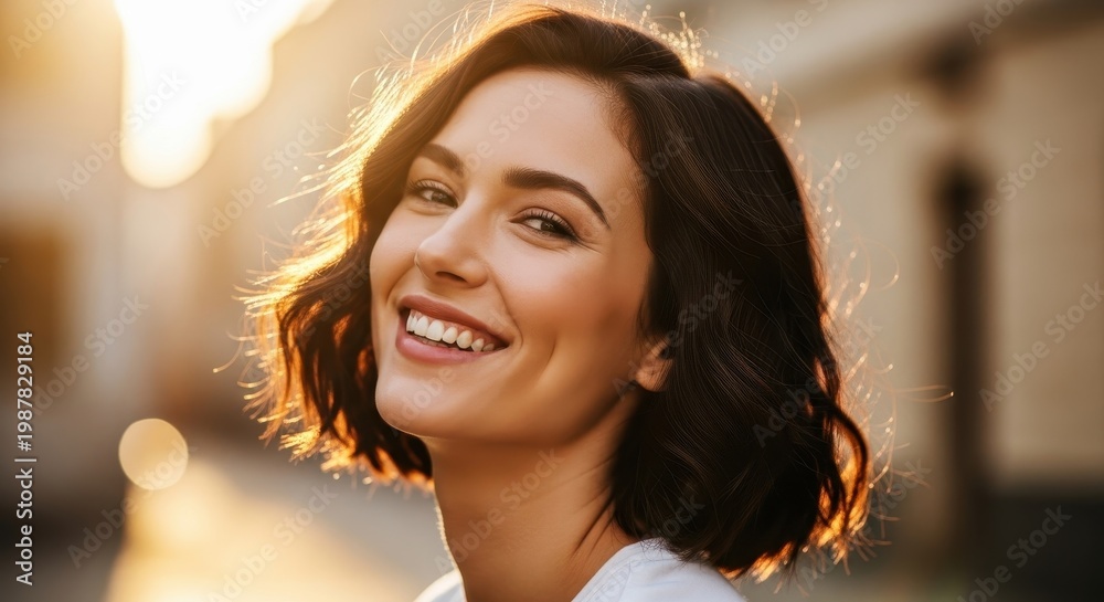 Obraz premium Beautiful Woman Smiling Outdoors in the Golden Sunlight.