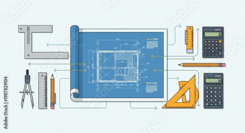 Architectural Blueprint and Drafting Tools Layout.