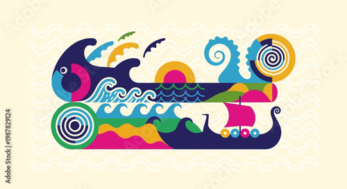 Stylized illustration of an ancient greek ship with swirling ocean waves