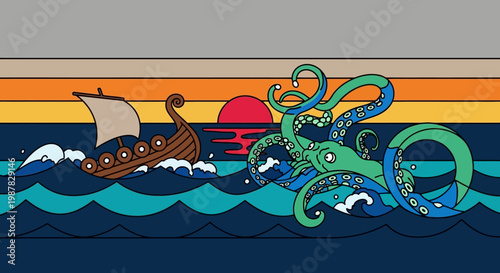 A stylized illustration of a viking ship battling a large octopus