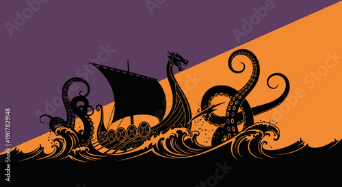 A silhouetted viking ship battles a kraken in stormy seas