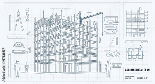 Architectural blueprint of a building under construction with crane.