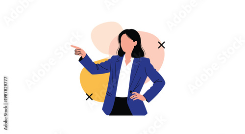 Confident businesswoman in a blue suit points her finger left while standing against a background of soft abstract coral and yellow shapes.