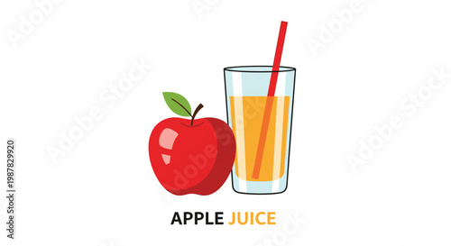Refreshing glass of clear golden apple juice with a red straw stands beside a whole ripe red apple on a clean white background with descriptive text.