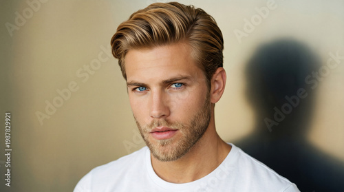 Blond man posing on a golden background