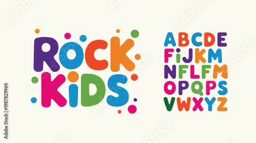A colorful playful logo design features kids and rock music elements