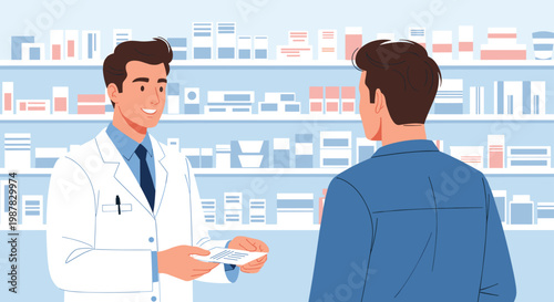 Smiling pharmacist in a white coat assists a customer by handing over a prescription in a pharmacy filled with shelves of various medicine.