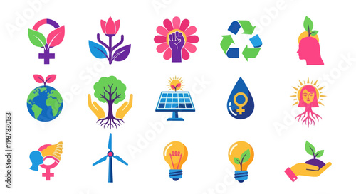 Feminine Ecology Icons: Nature, Energy, Sustainability, Womanhood, Growth