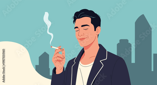 Happy young man in a jacket smokes a cigarette while closing his eyes with a cityscape background in flat illustration style.