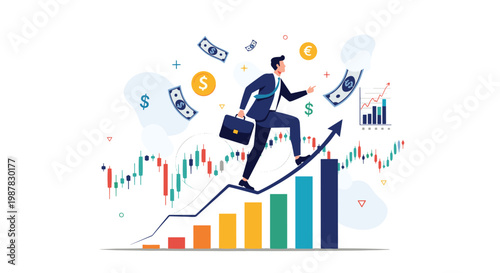 Ambitious businessman runs up a rising bar chart while dollar bills and currency symbols fly in the air for financial success.