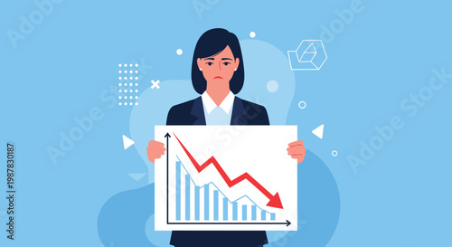 Sad businesswoman in a dark suit holds a whiteboard showing a declining stock market graph with a red arrow pointing down.