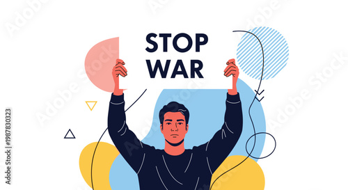 Young man with a serious expression holds up a white sign with the words stop war printed in bold letters for peace activism.