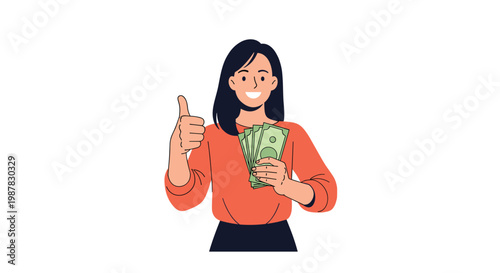 Happy woman in an orange sweater holds a fan of dollar banknotes and gives a thumbs up sign representing financial success.