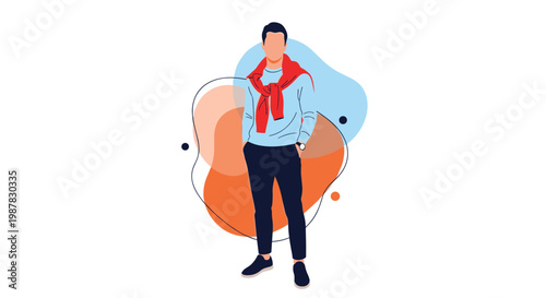 Stylish businessman in a blue shirt stands with a red sweater tied over his shoulders against an abstract colorful background.