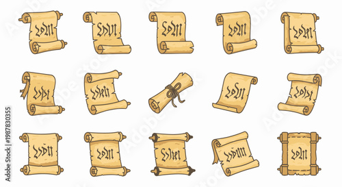 Vintage Scroll Collection: Aged Parchment Rolls with Calligraphy Icons