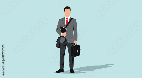 Professional man in a business suit and red tie carries a laptop bag and a briefcase for a corporate work environment.