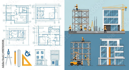 Architectural Blueprints and Building Construction Process.