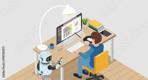 Man sitting at desk with robot.