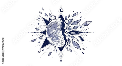 Abstract geometric moon explosion, celestial body shattering into shards
