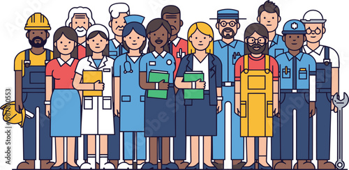 Diverse group of workers stand united, showcasing strength and collaboration. A vibrant illustration with a modern, optimistic feel. Perfect for business and community themes.