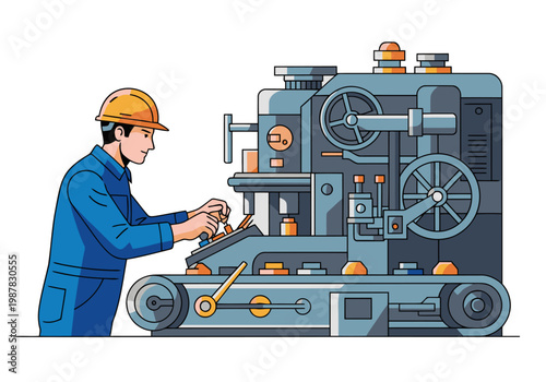 A factory worker repairs a complex machine, showcasing skilled craftsmanship. Detailed illustration with a focus on industrial work and technical expertise.