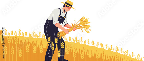 A farmer harvests wheat in a golden field. A classic, rustic scene showcasing labor and rural life. Bright, earthy tones.