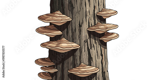 Group of shelf mushrooms grows horizontally on the rough bark of a vertical tree trunk in a detailed botanical illustration.