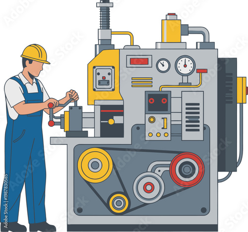 A factory machine worker adjusts controls on a lathe machine. Focused worker in safety gear operates industrial equipment. Detailed illustration, modern style.