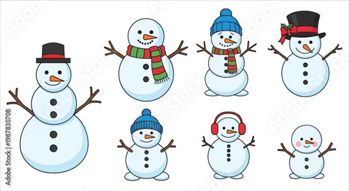Collection of cute, diverse snowmen characters with winter hats and scarves