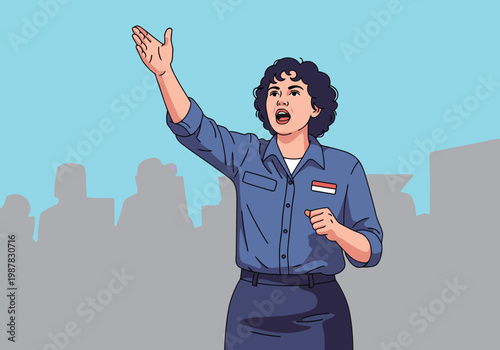 vibrant illustration depicts a  rallying with the slogan 'Speak Rally Woman Power' She gestures powerfully against a blurred crowd conveying  empowerment and social activism