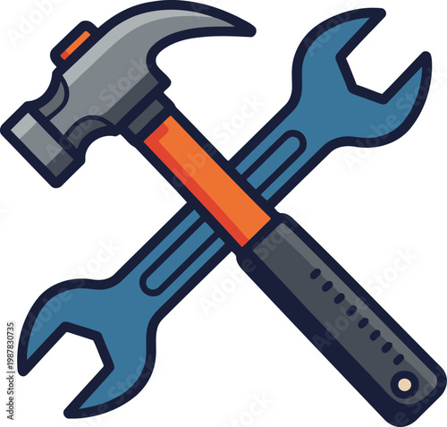 A vibrant illustration featuring a hammer and wrench crossed, symbolizing labor and repair. Clean lines and bold colors create a modern, graphic design suitable for commercial use.