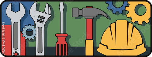 A vibrant, stylized banner showcases essential tools ? wrench, hammer, screwdriver, gear, and helmet ? promoting ?Banner Tools Rights Strong?. Bold colors and graphic design create a strong visual.