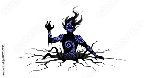 Dark entity emerging from cracked ground, abstract illustration