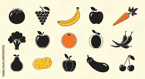 Large collection of fruit and vegetable icons includes silhouettes and colored versions for healthy eating and diet planning.