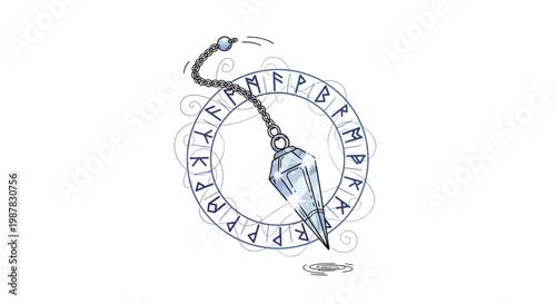 Crystal pendulum swinging over rune circle, mystical divination concept