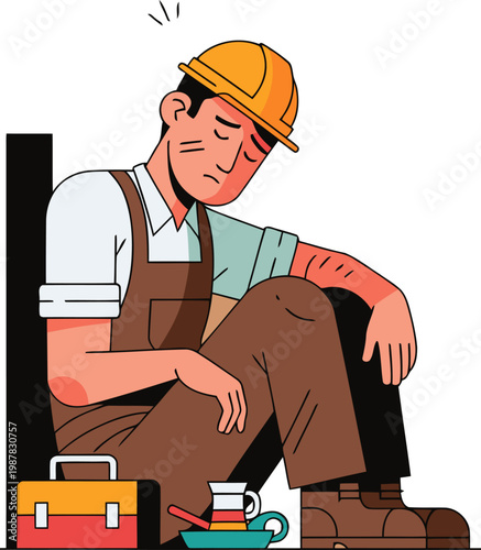 A weary construction worker rests, sipping coffee, on a toolbox on Labor Day. A simple, graphic illustration evokes rest and appreciation for laborers.