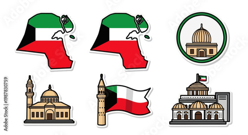 Kuwait National Symbols: Map Outline, Flag, Mosque, Dome Building, Government Architecture