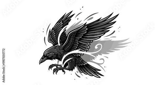 Dark Raven Bird Flying with Wings Spread, Shadow and Swirls
