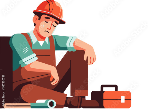 A weary construction worker rests after a long day. Relaxed pose, tool case, and a simple Labor Day message. Flat design illustration.