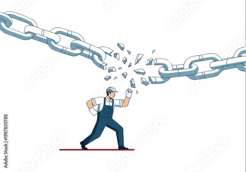A worker breaks free from a chain, symbolizing liberation and empowerment. Dynamic action shot with a bold, impactful visual. Perfect for business and motivation themes.