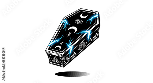 Mysterious Coffin with Occult Symbols and Lightning on White Background