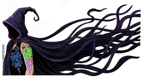 Mysterious hooded figure with flowing dark hair and colorful tattoos