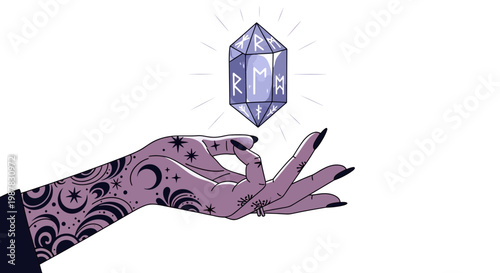 Mystic crystal with runes floating above tattooed hand