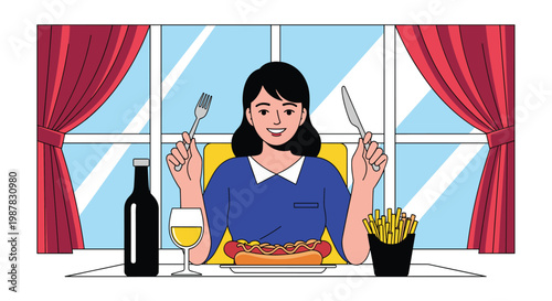 Smiling woman sits at a dinner table and prepares to eat a hot dog and fries with a glass and bottle of wine nearby.