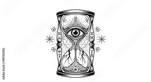 Mystical Hourglass with All-Seeing Eye and Zodiac Symbols