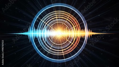 Sound wave graphic with glowing lines.